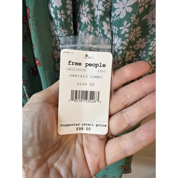 Free People NWT XS Floral Sheer Green Boho Blouse Emerald Combo - Picture 7 of 8